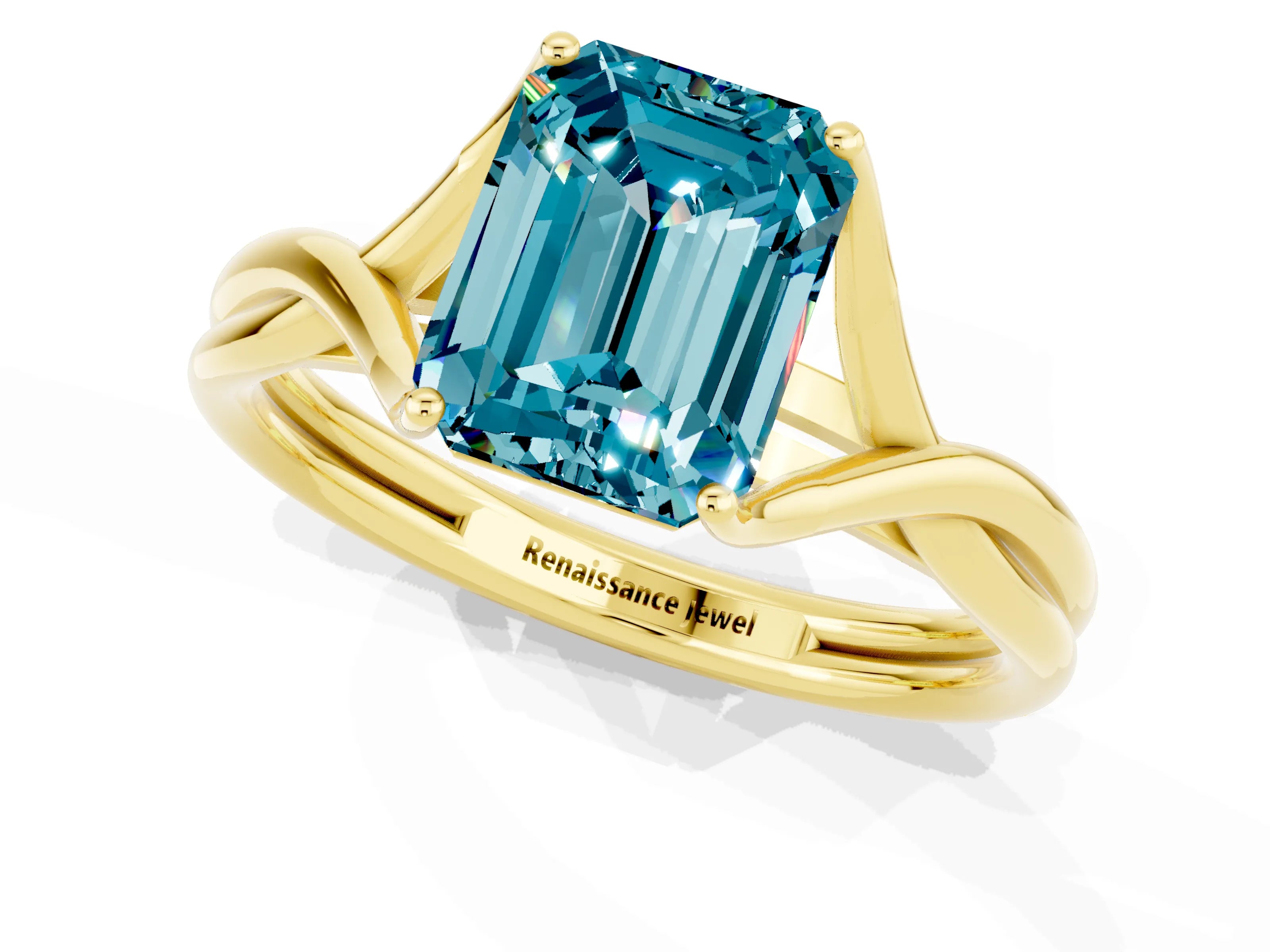Yellow gold Emerald Cut Blue Topaz Solitaire Twist Band Prong Setting Ring_61