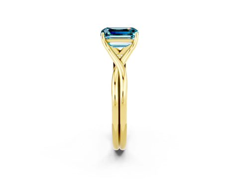 Yellow gold Emerald Cut Blue Topaz Solitaire Twist Band Prong Setting Ring_62