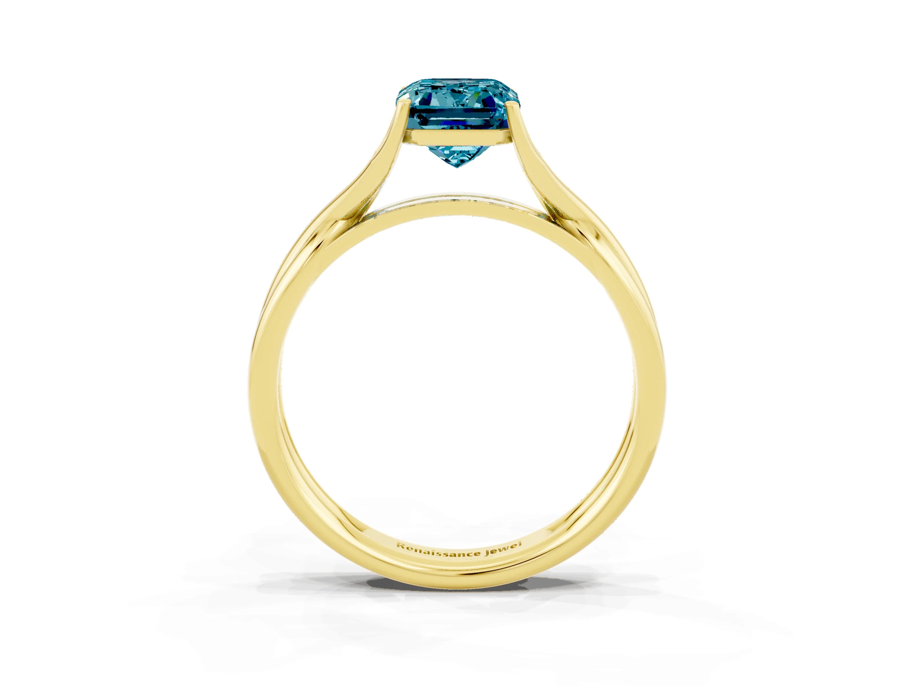 Yellow gold Emerald Cut Blue Topaz Solitaire Twist Band Prong Setting Ring_63
