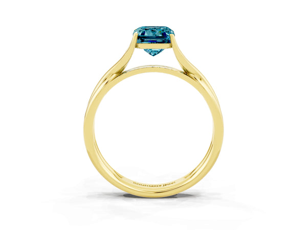 Yellow gold Emerald Cut Blue Topaz Solitaire Twist Band Prong Setting Ring
