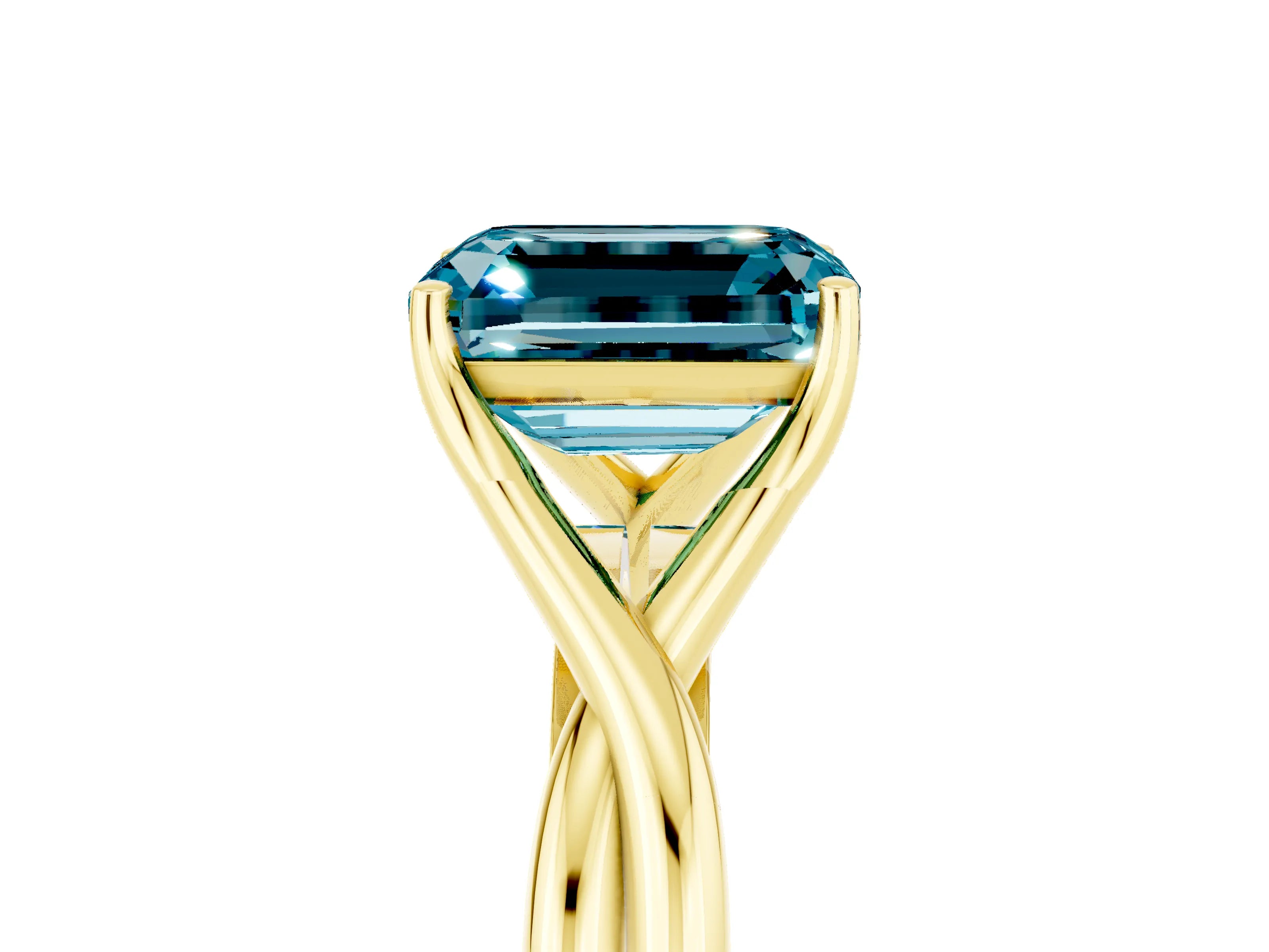 Yellow gold Emerald Cut Blue Topaz Solitaire Twist Band Prong Setting Ring_65