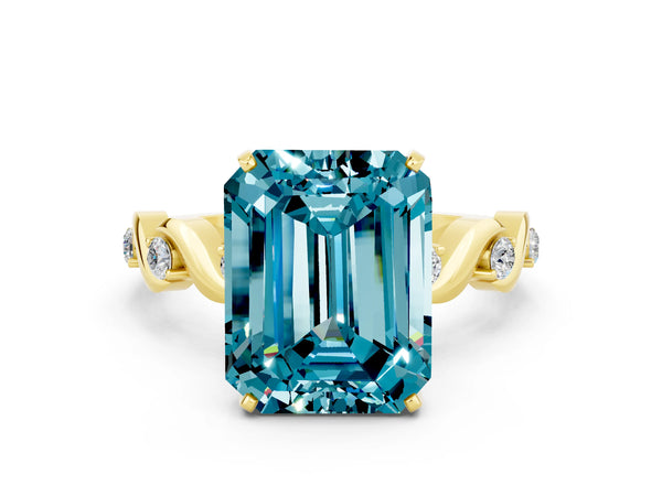 Yellow gold Emerald Cut Blue Topaz Solitaire Twisted Band with Round  Accents and Prong Setting