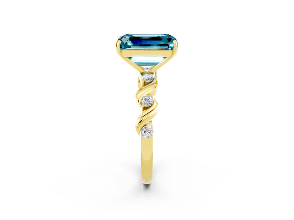 Yellow gold Emerald Cut Blue Topaz Solitaire Twisted Band with Round  Accents and Prong Setting