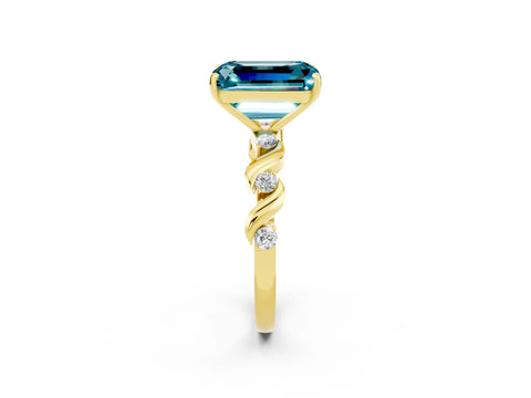 Yellow gold Emerald Cut Blue Topaz Solitaire Twisted Band with Round  Accents and Prong Setting_14