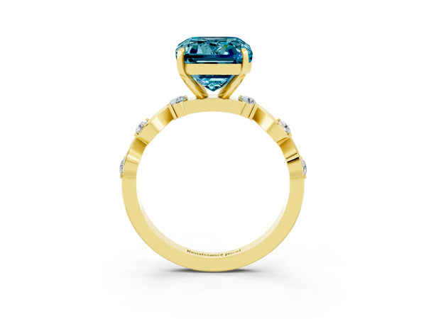 Yellow gold Emerald Cut Blue Topaz Solitaire Twisted Band with Round  Accents and Prong Setting