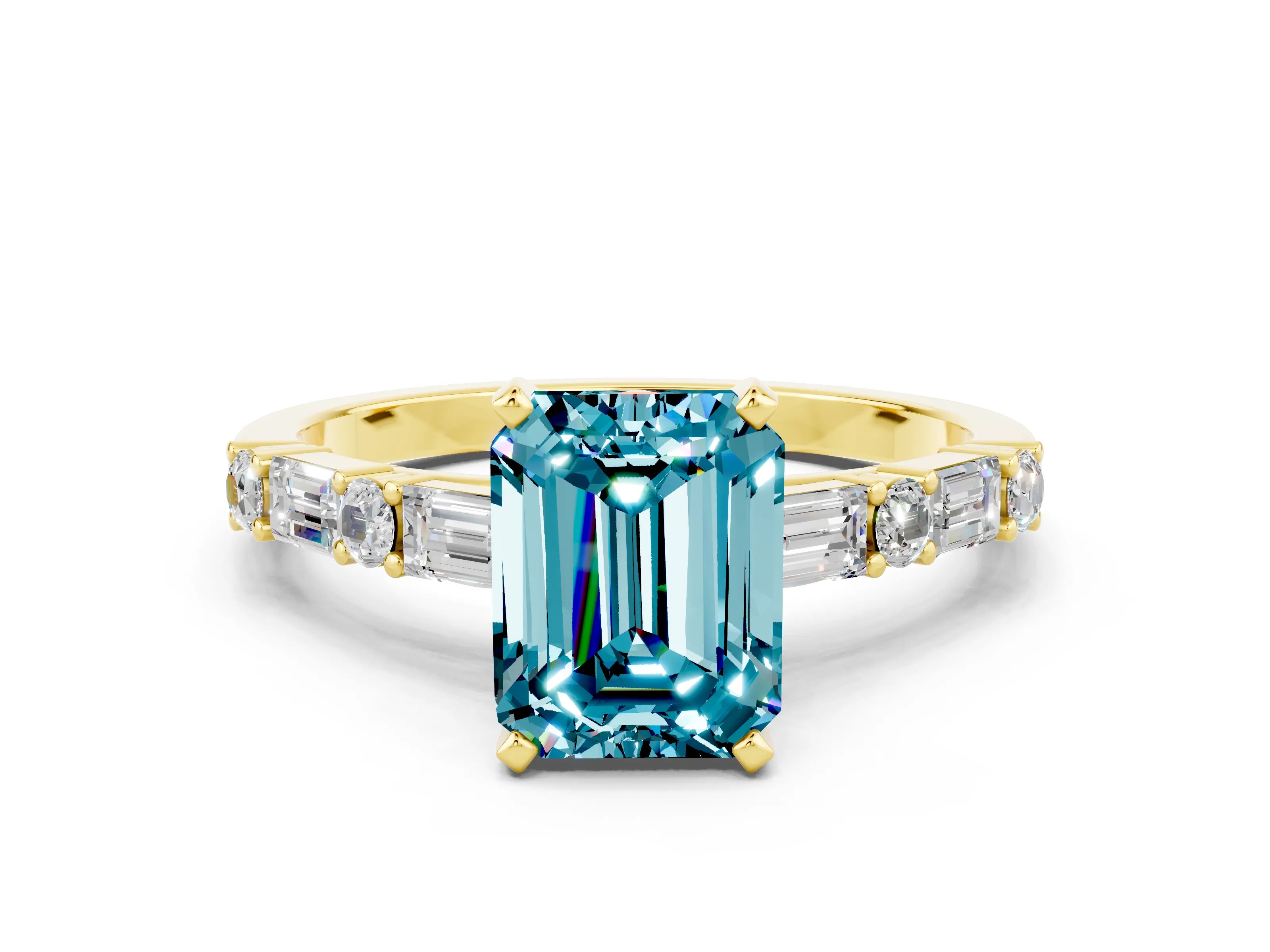 Yellow gold Emerald Cut Blue Topaz Solitaire with Side Baguettes and Channel Set Band
