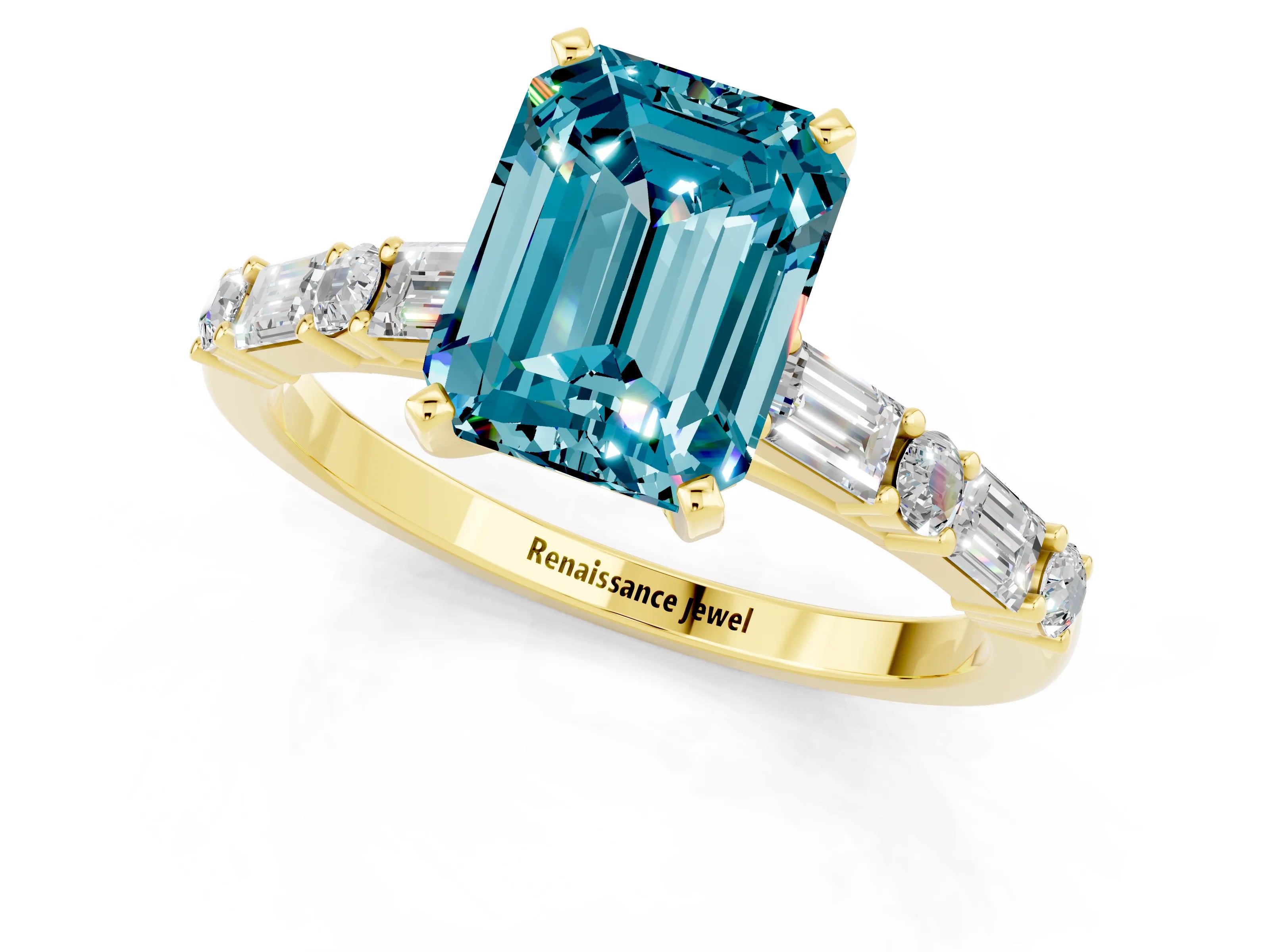 Yellow gold Emerald Cut Blue Topaz Solitaire with Side Baguettes and Channel Set Band_1