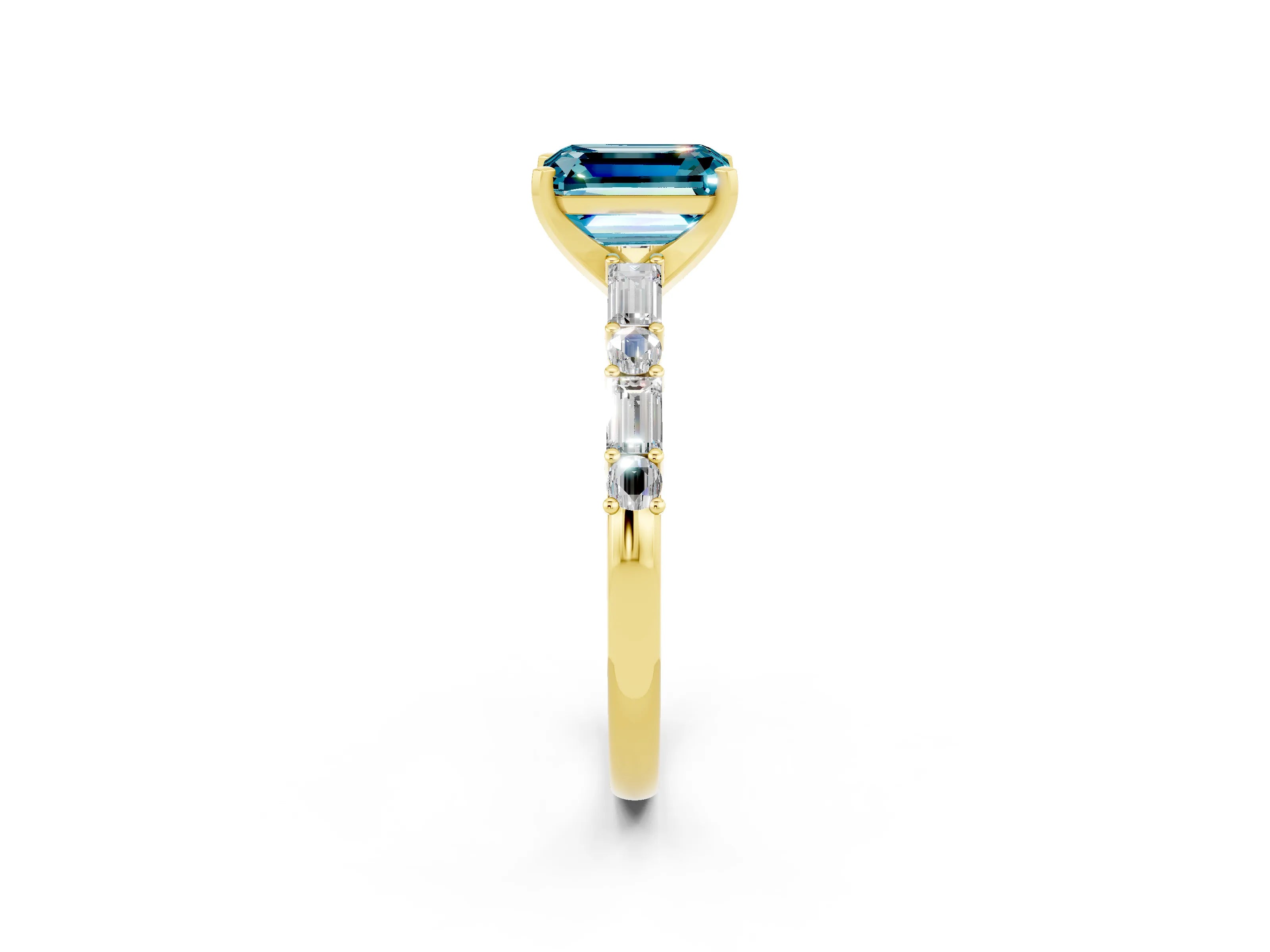 Yellow gold Emerald Cut Blue Topaz Solitaire with Side Baguettes and Channel Set Band_2