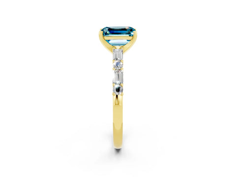 Yellow gold Emerald Cut Blue Topaz Solitaire with Side Baguettes and Channel Set Band_2