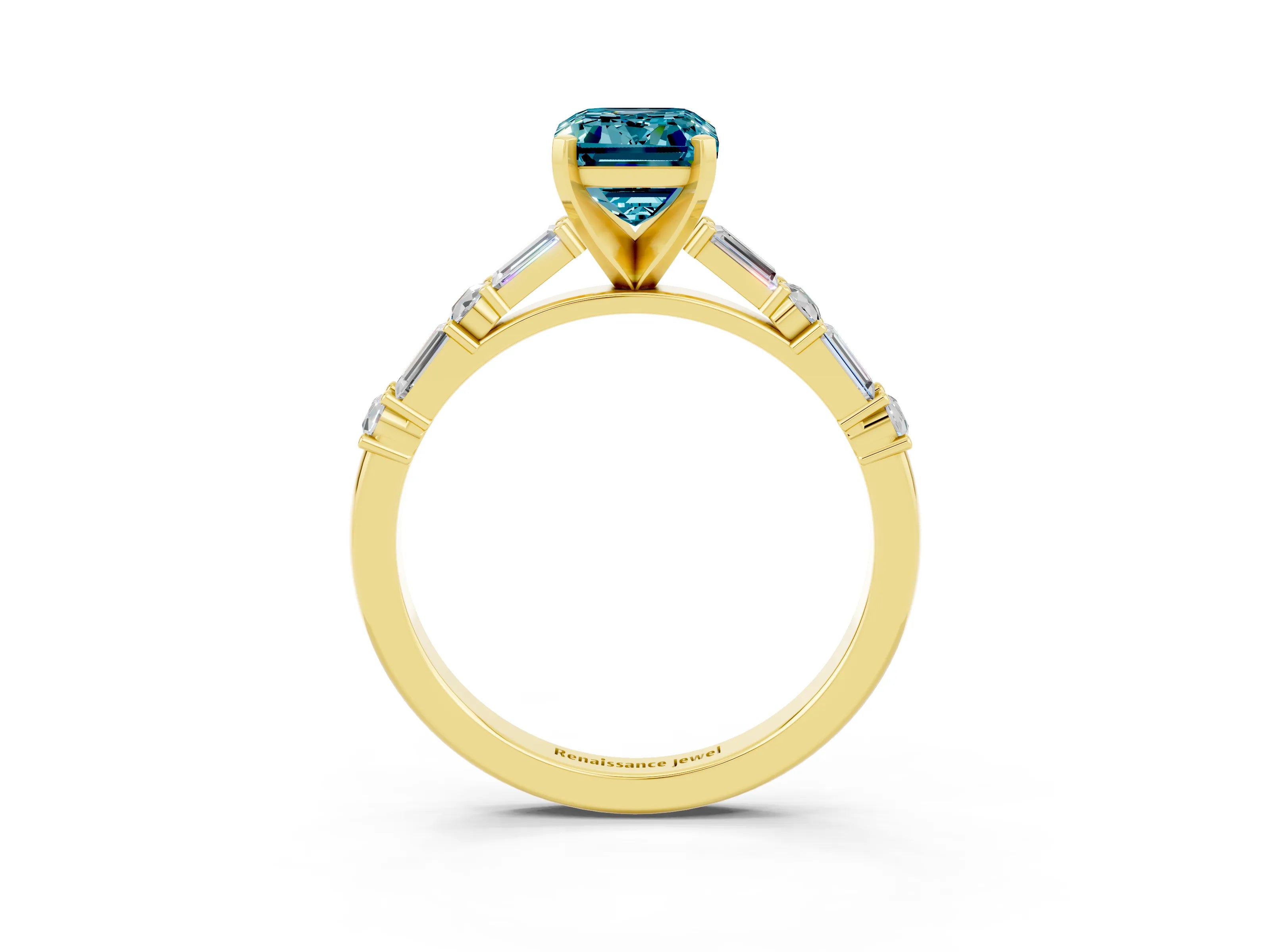 Yellow gold Emerald Cut Blue Topaz Solitaire with Side Baguettes and Channel Set Band_3