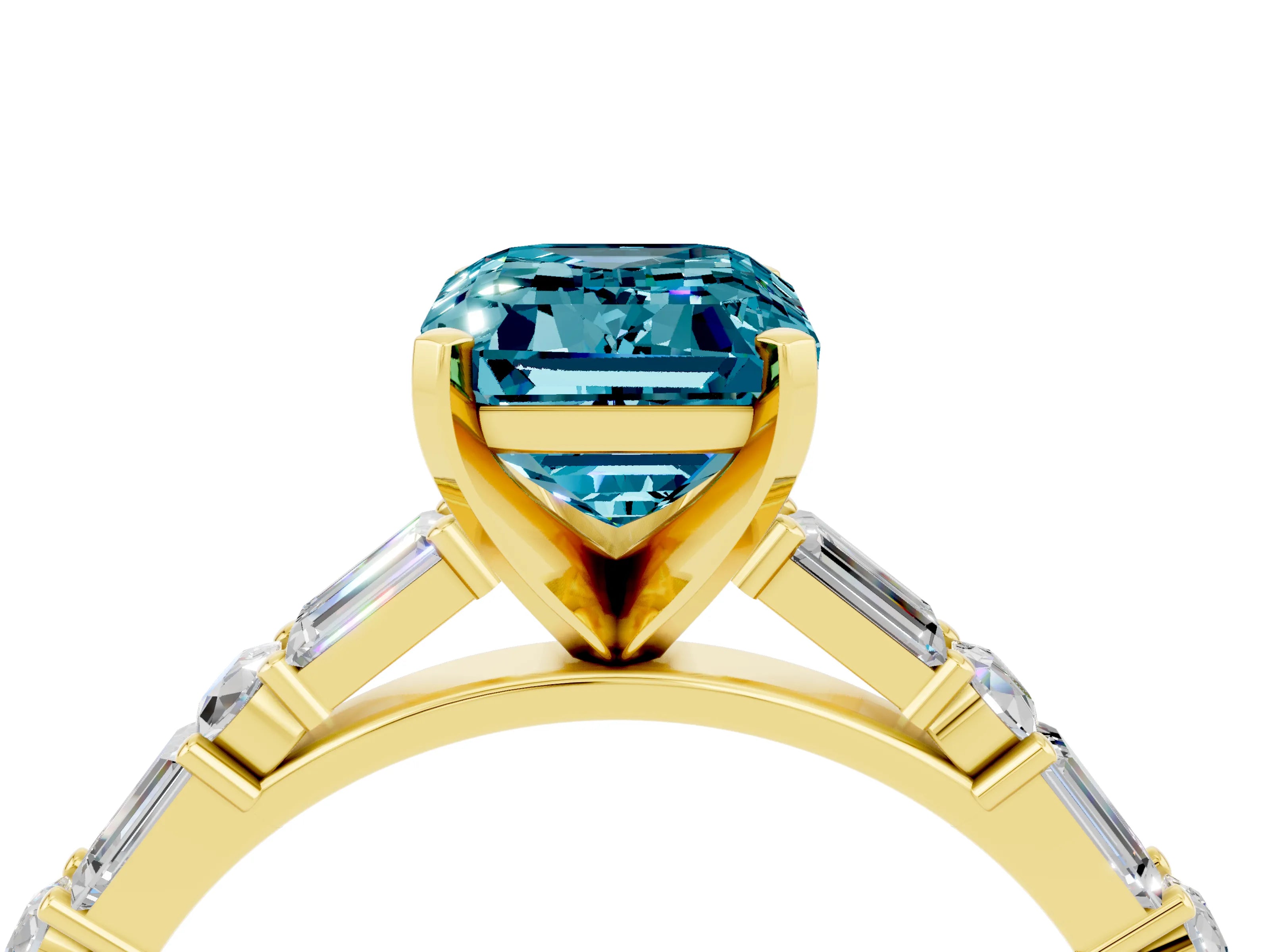 Yellow gold Emerald Cut Blue Topaz Solitaire with Side Baguettes and Channel Set Band_4
