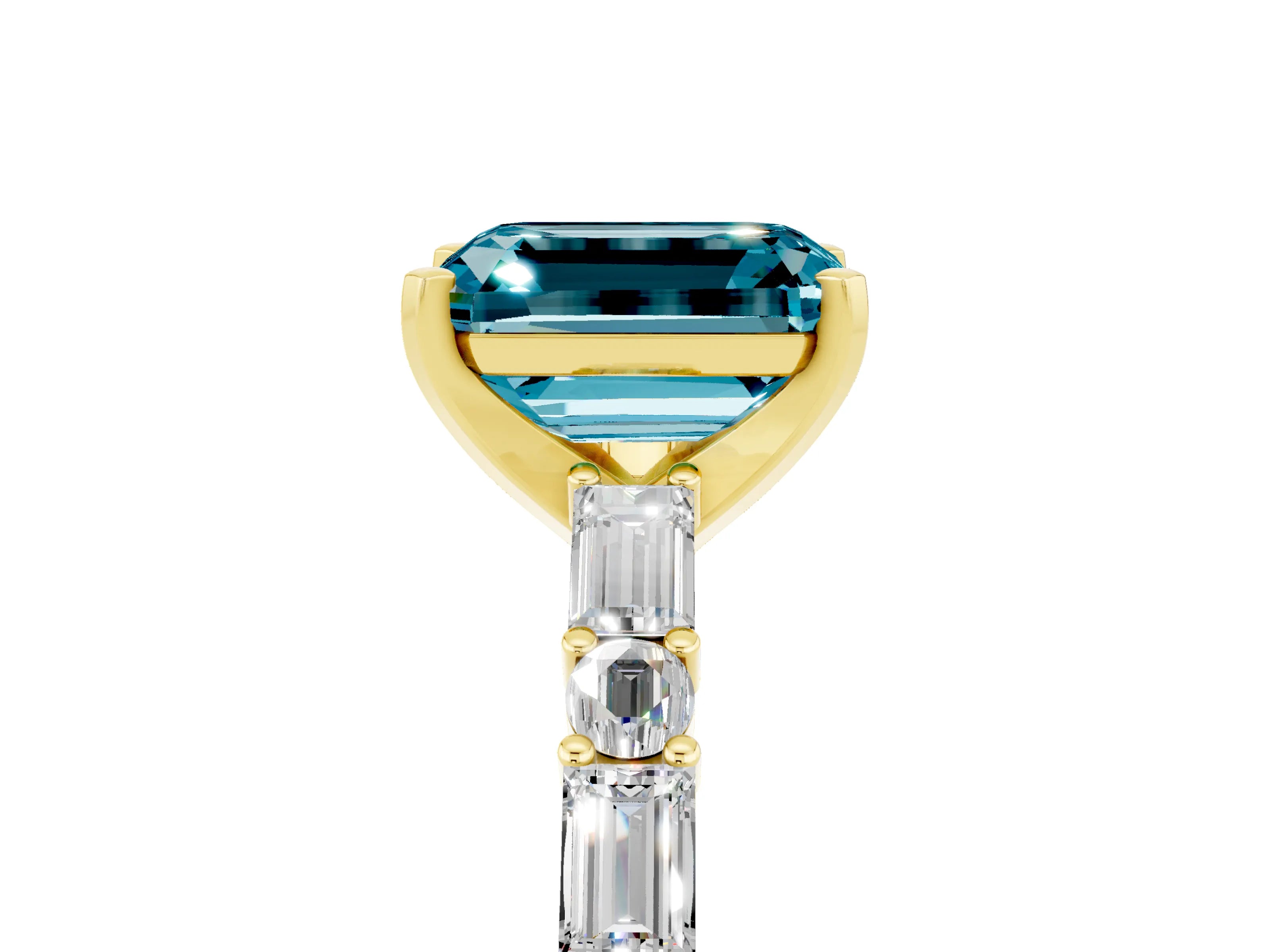 Yellow gold Emerald Cut Blue Topaz Solitaire with Side Baguettes and Channel Set Band_5