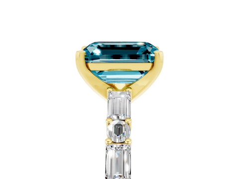Yellow gold Emerald Cut Blue Topaz Solitaire with Side Baguettes and Channel Set Band_5