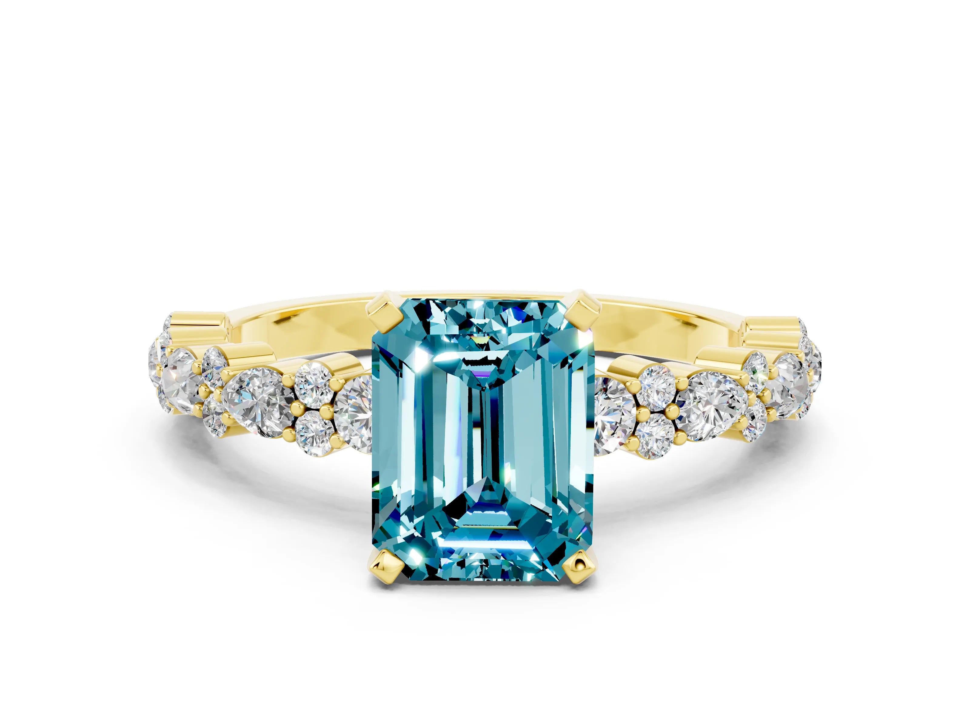 Yellow gold Emerald Cut Blue Topaz Solitaire with Side Stones, Pave Band, Four-Prong Setting_48
