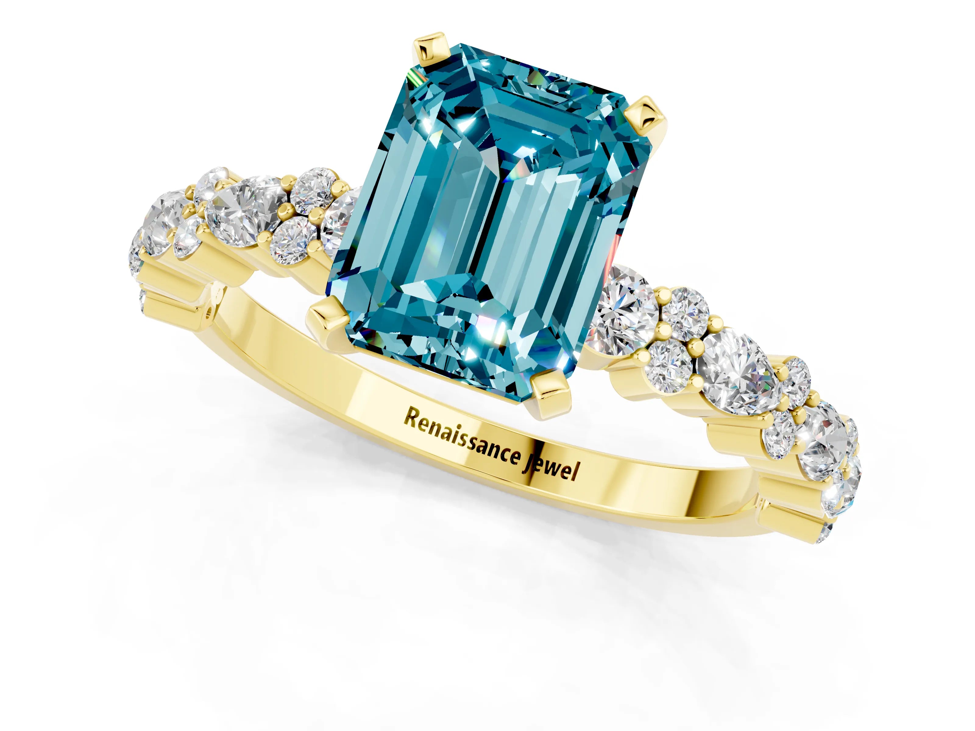 Yellow gold Emerald Cut Blue Topaz Solitaire with Side Stones, Pave Band, Four-Prong Setting_49