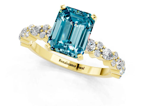 Yellow gold Emerald Cut Blue Topaz Solitaire with Side Stones, Pave Band, Four-Prong Setting_49