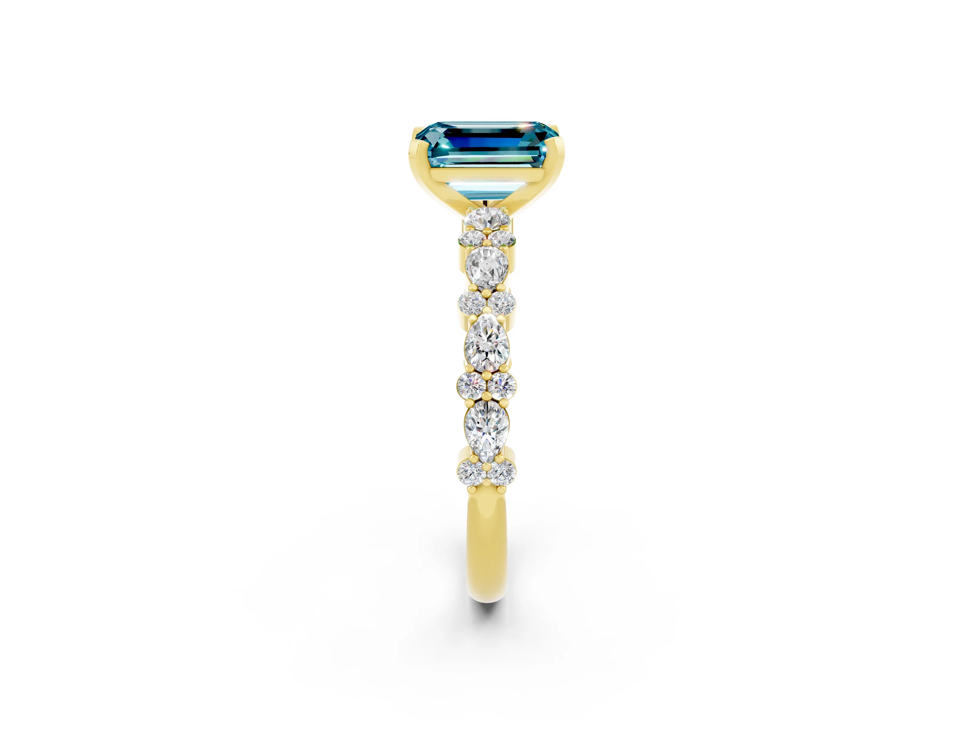 Yellow gold Emerald Cut Blue Topaz Solitaire with Side Stones, Pave Band, Four-Prong Setting_50