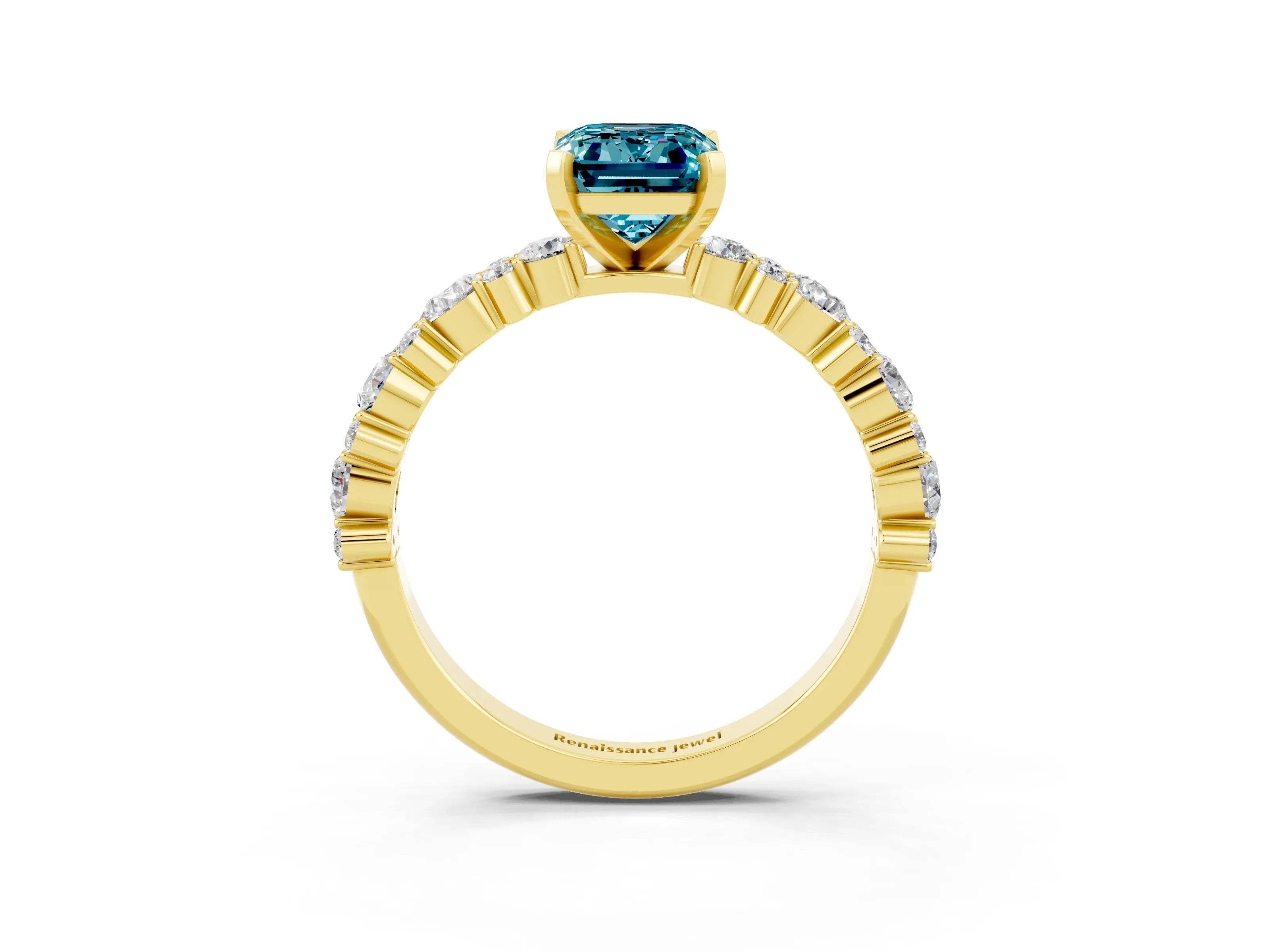 Yellow gold Emerald Cut Blue Topaz Solitaire with Side Stones, Pave Band, Four-Prong Setting_51