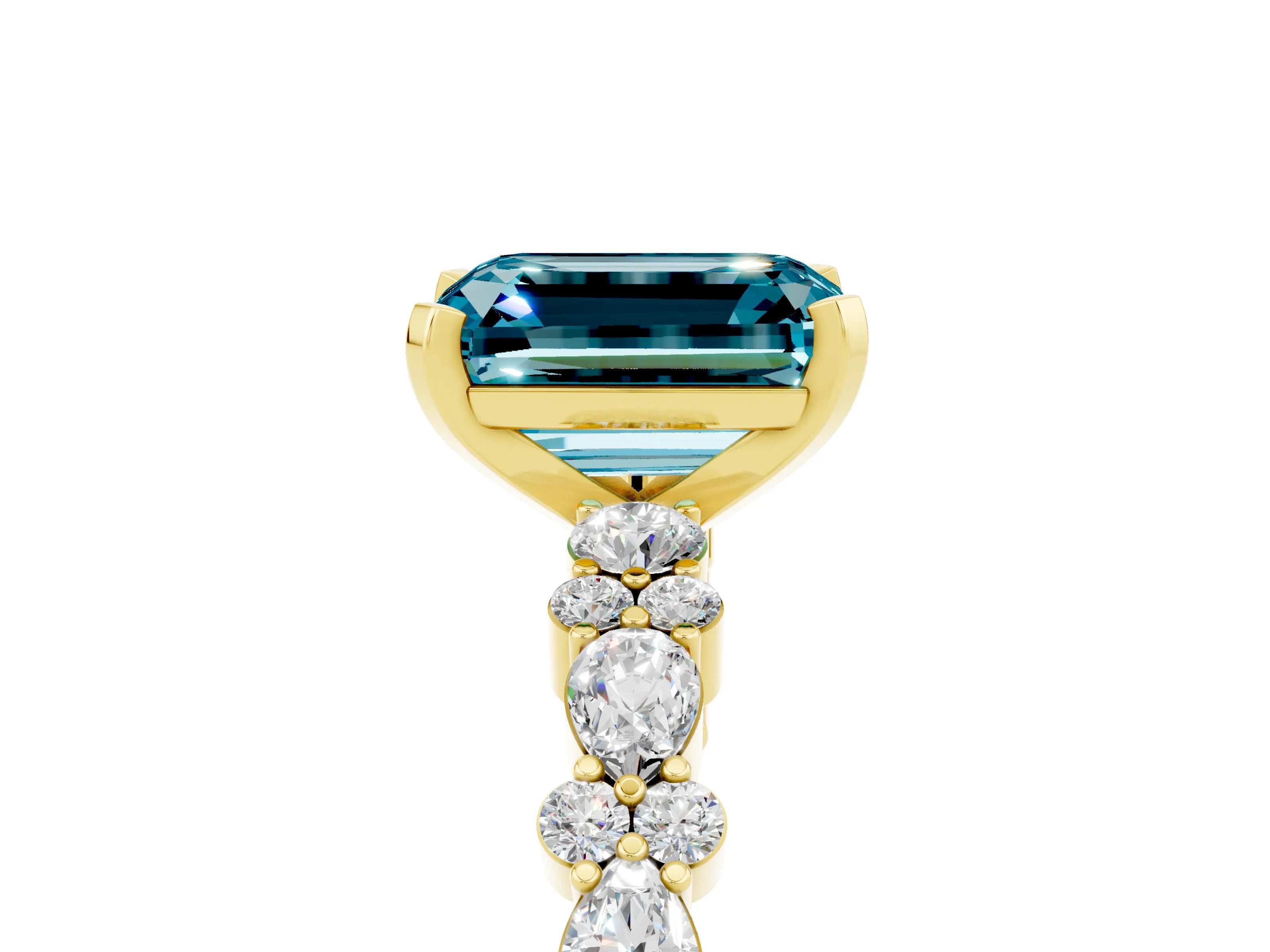 Yellow gold Emerald Cut Blue Topaz Solitaire with Side Stones, Pave Band, Four-Prong Setting_53