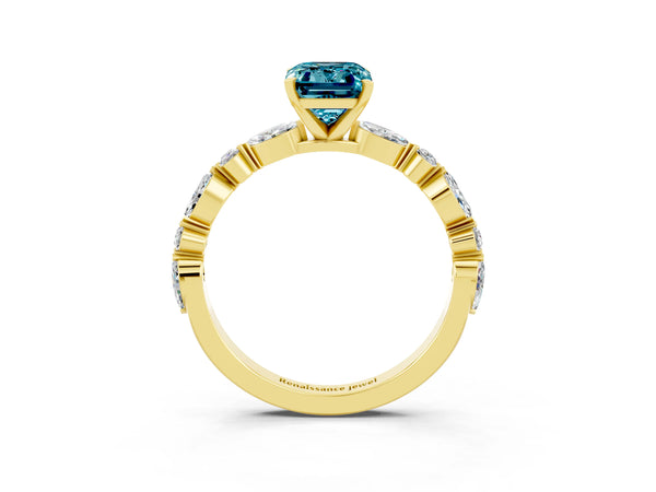 Yellow gold Emerald Cut Blue Topaz Ring with Marquise and Round  Side Stones and Four-Prong Setting