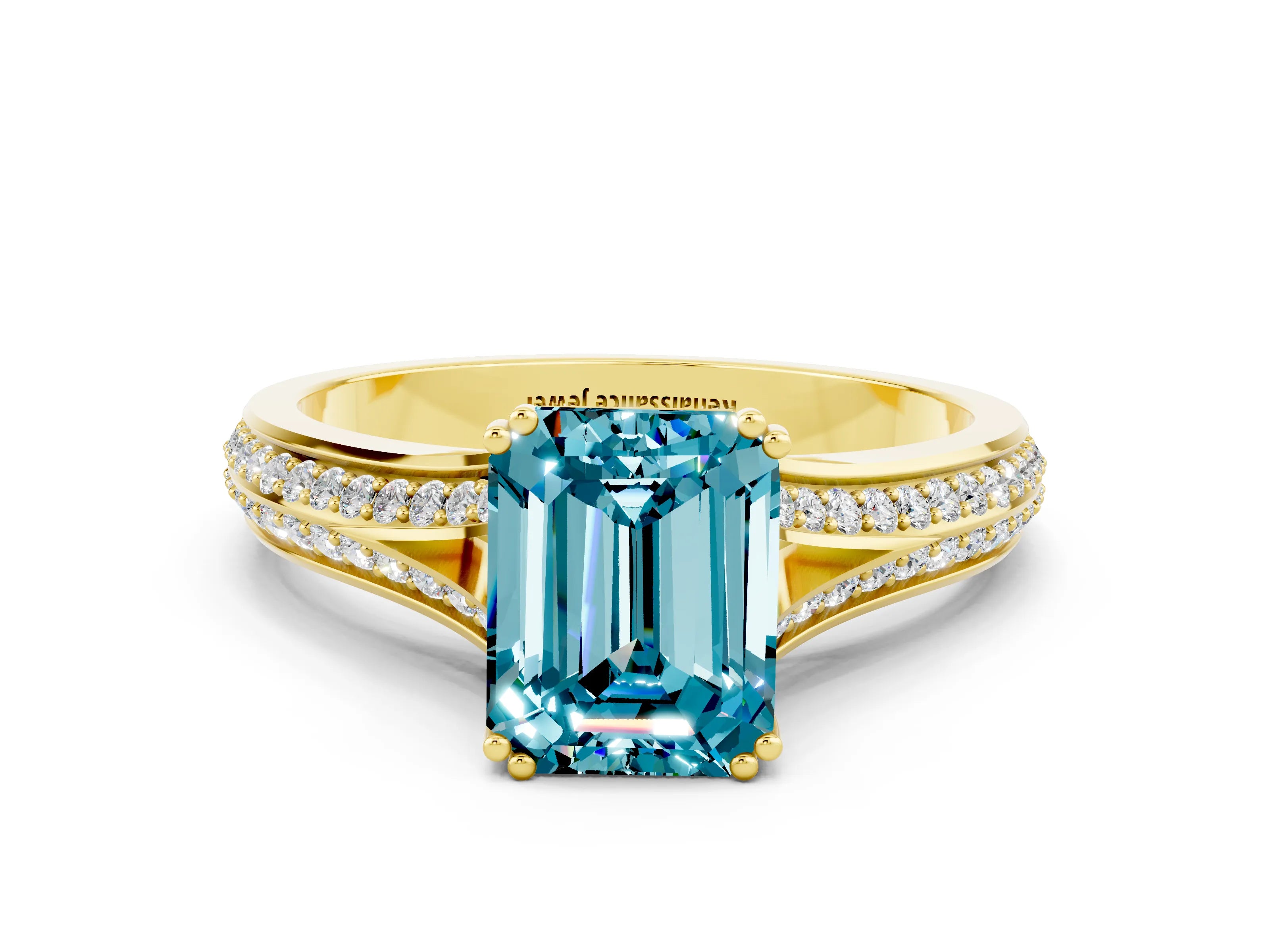 Yellow gold Emerald Cut Blue Topaz Split Shank Engagement Ring with Pavé Band