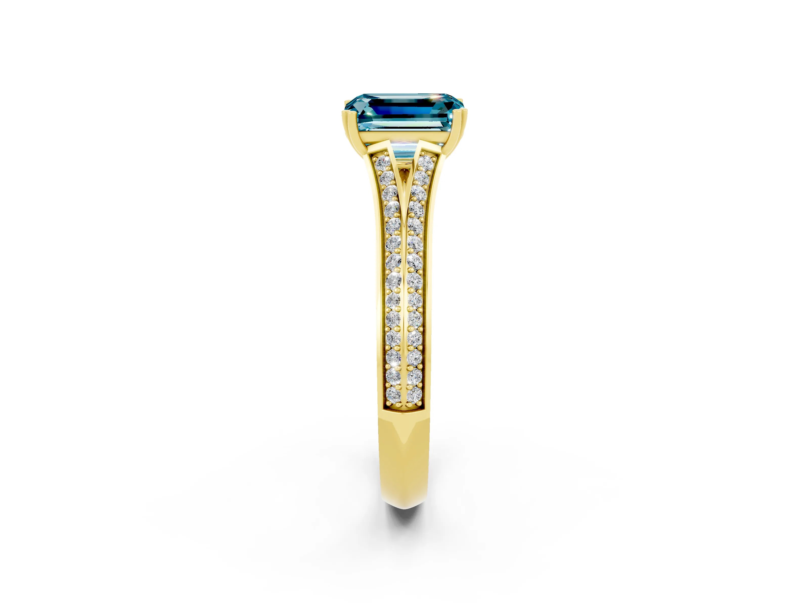 Yellow gold Emerald Cut Blue Topaz Split Shank Engagement Ring with Pavé Band_2
