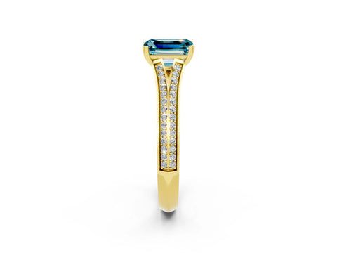 Yellow gold Emerald Cut Blue Topaz Split Shank Engagement Ring with Pavé Band_2