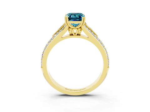 Yellow gold Emerald Cut Blue Topaz Split Shank Engagement Ring with Pavé Band_3