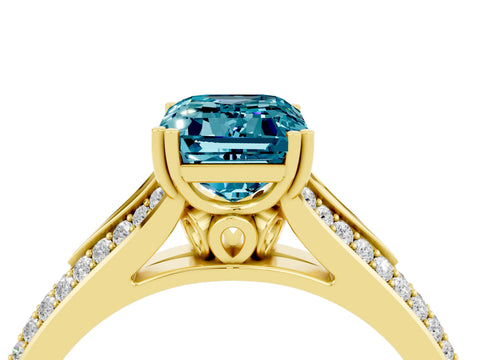 Yellow gold Emerald Cut Blue Topaz Split Shank Engagement Ring with Pavé Band_4