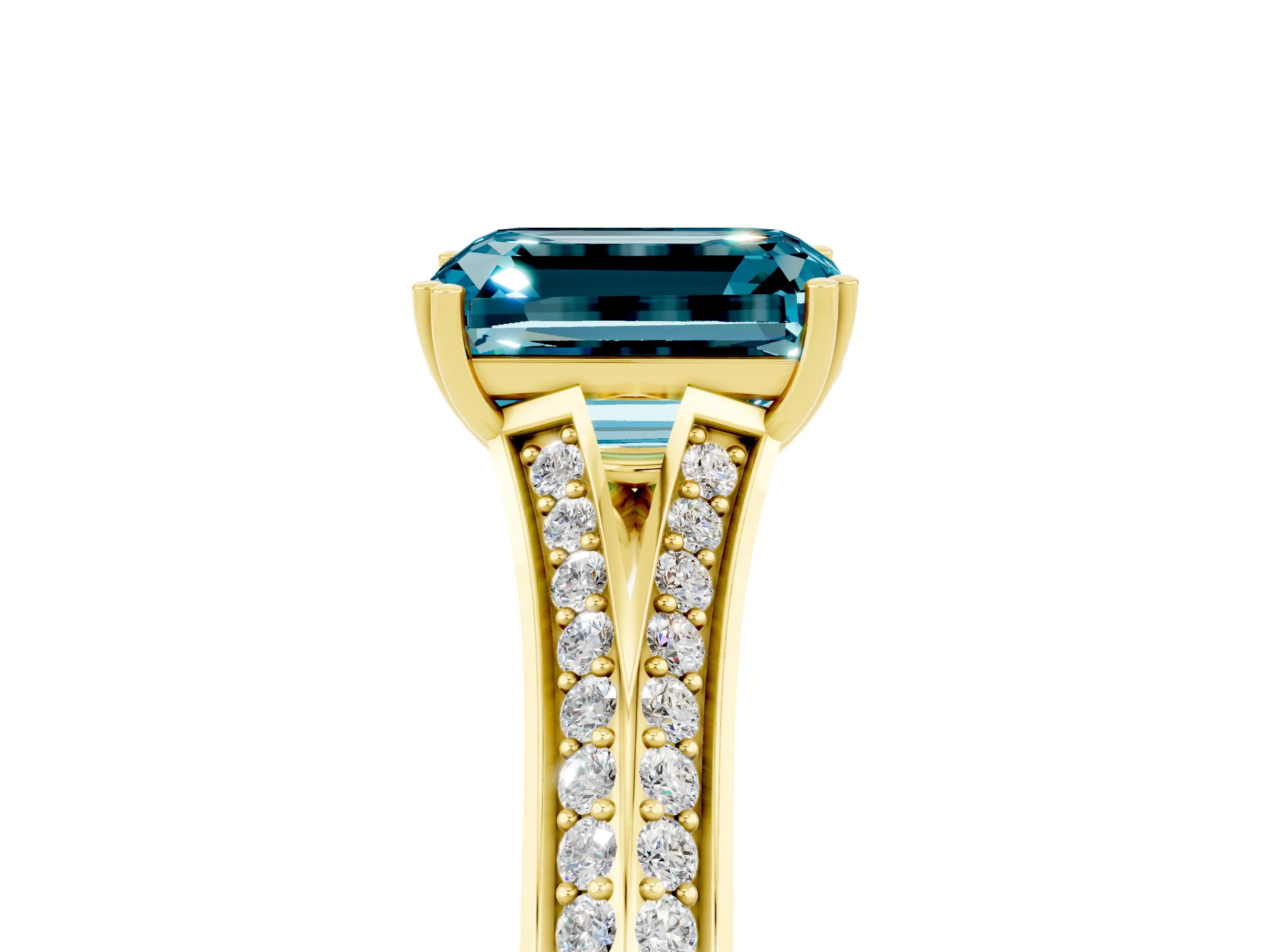 Yellow gold Emerald Cut Blue Topaz Split Shank Engagement Ring with Pavé Band_5