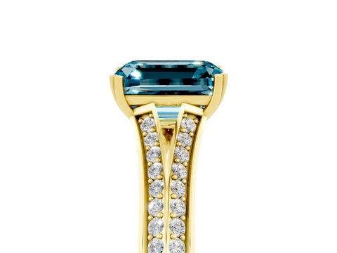 Yellow gold Emerald Cut Blue Topaz Split Shank Engagement Ring with Pavé Band_5