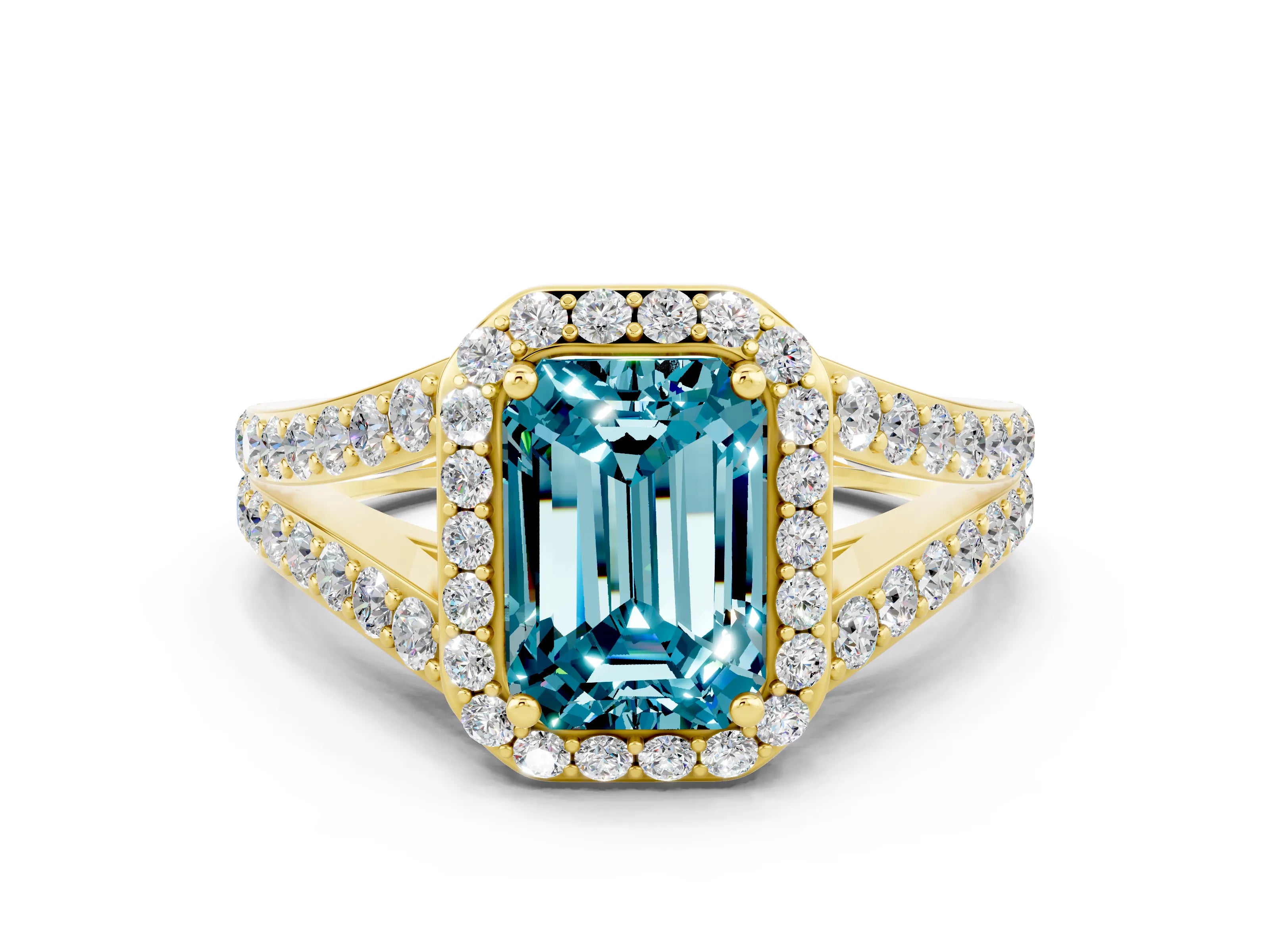 Yellow gold Emerald Cut Blue Topaz Split Shank Halo Ring with Four-Prong Setting_12