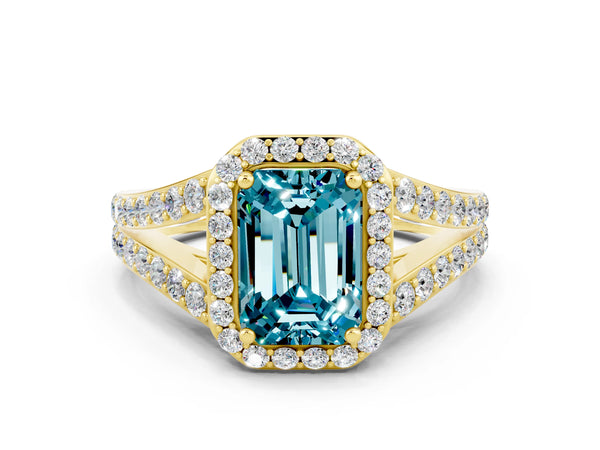 Yellow gold Emerald Cut Blue Topaz Split Shank Halo Ring with Four-Prong Setting