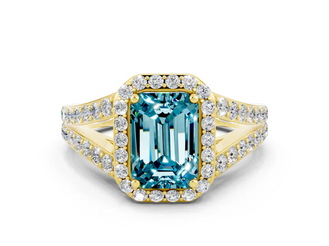 Yellow gold Emerald Cut Blue Topaz Split Shank Halo Ring with Four-Prong Setting_12