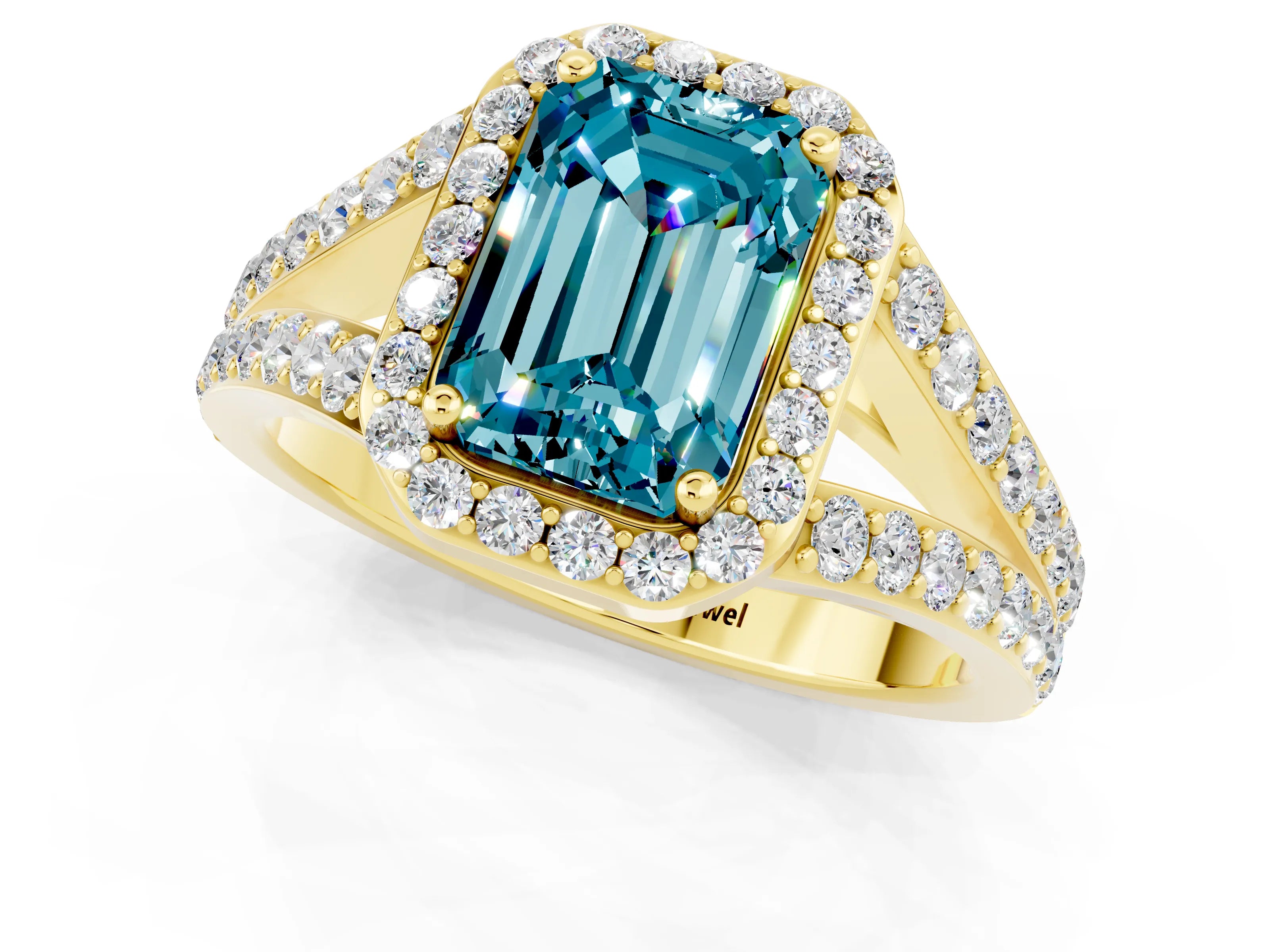 Yellow gold Emerald Cut Blue Topaz Split Shank Halo Ring with Four-Prong Setting_13