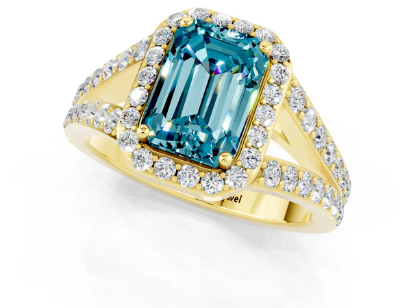 Yellow gold Emerald Cut Blue Topaz Split Shank Halo Ring with Four-Prong Setting
