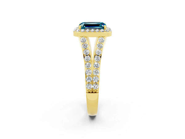 Yellow gold Emerald Cut Blue Topaz Split Shank Halo Ring with Four-Prong Setting