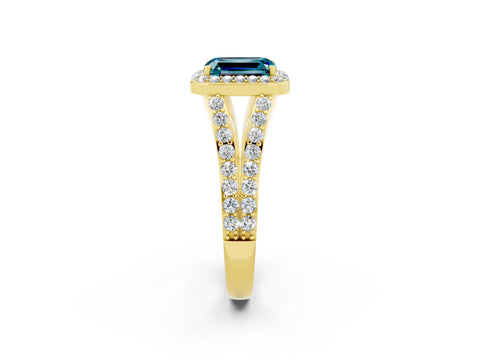 Yellow gold Emerald Cut Blue Topaz Split Shank Halo Ring with Four-Prong Setting_14