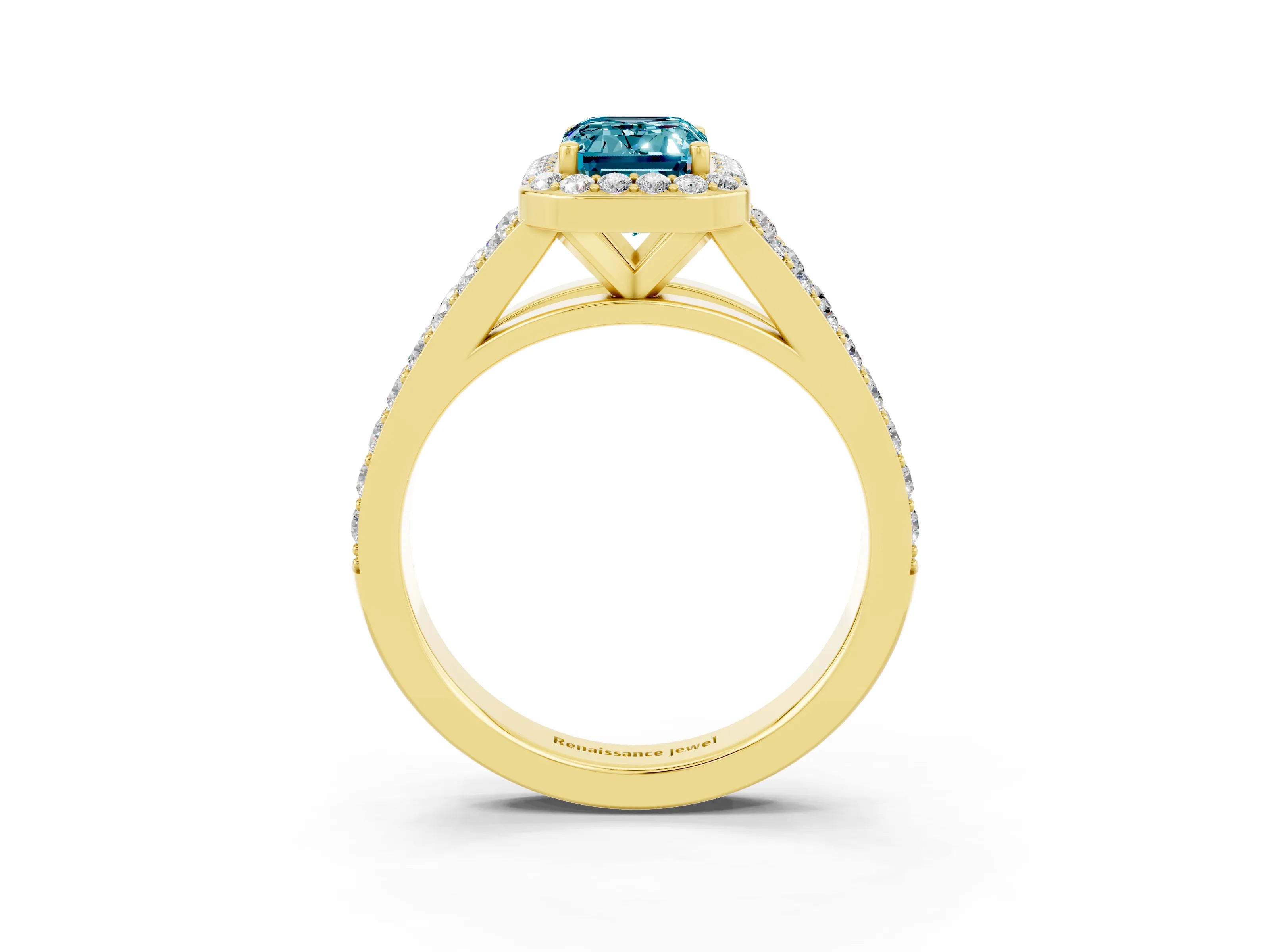 Yellow gold Emerald Cut Blue Topaz Split Shank Halo Ring with Four-Prong Setting_15