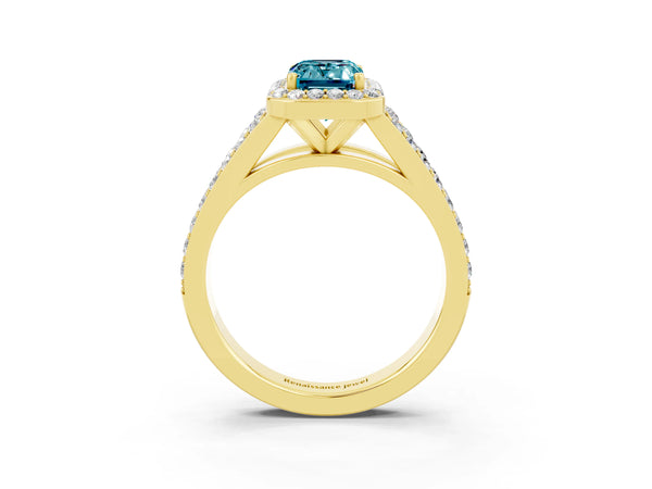 Yellow gold Emerald Cut Blue Topaz Split Shank Halo Ring with Four-Prong Setting