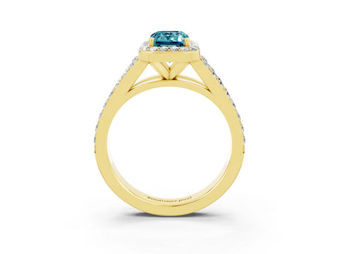 Yellow gold Emerald Cut Blue Topaz Split Shank Halo Ring with Four-Prong Setting_15