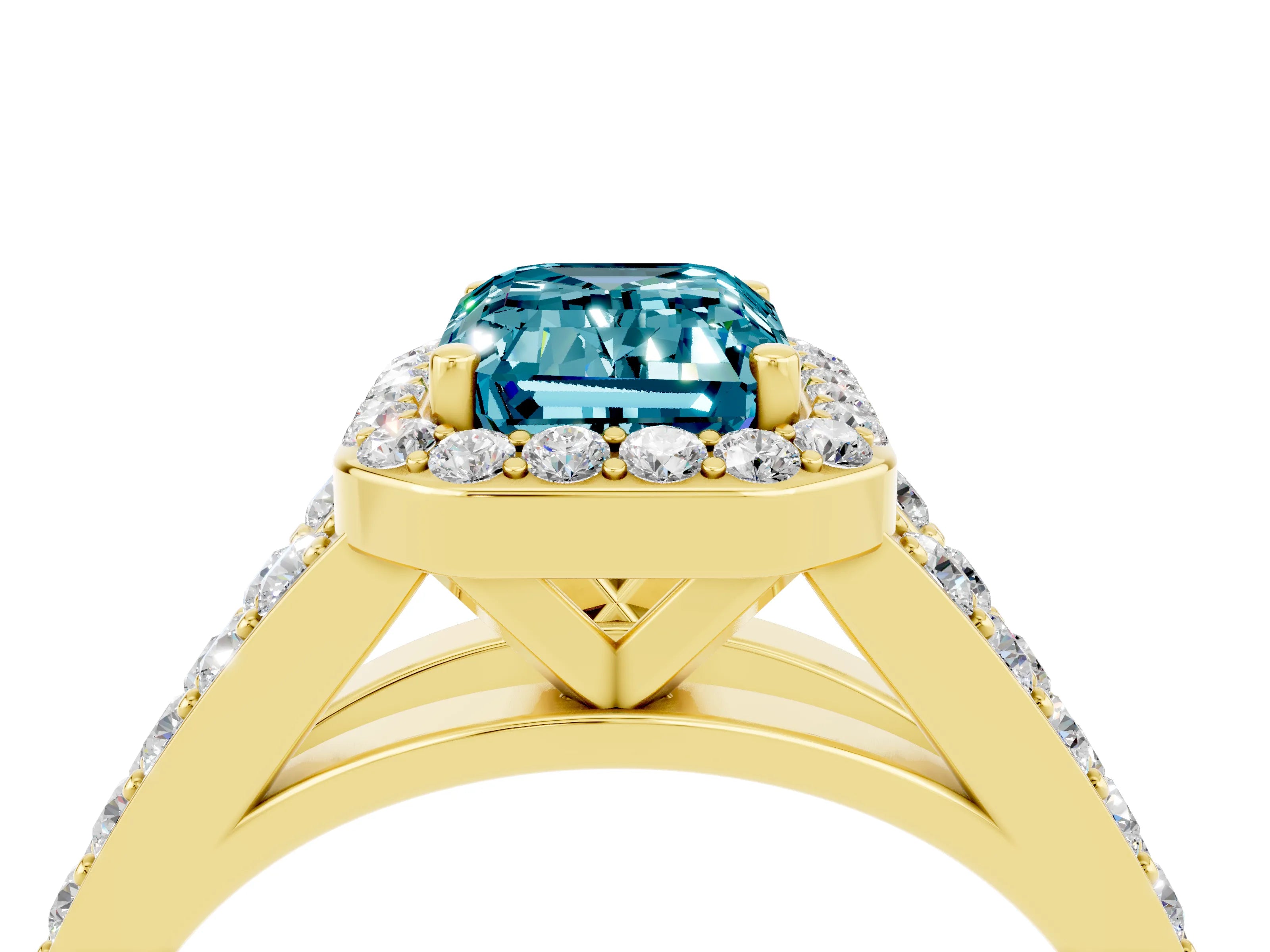 Yellow gold Emerald Cut Blue Topaz Split Shank Halo Ring with Four-Prong Setting_16