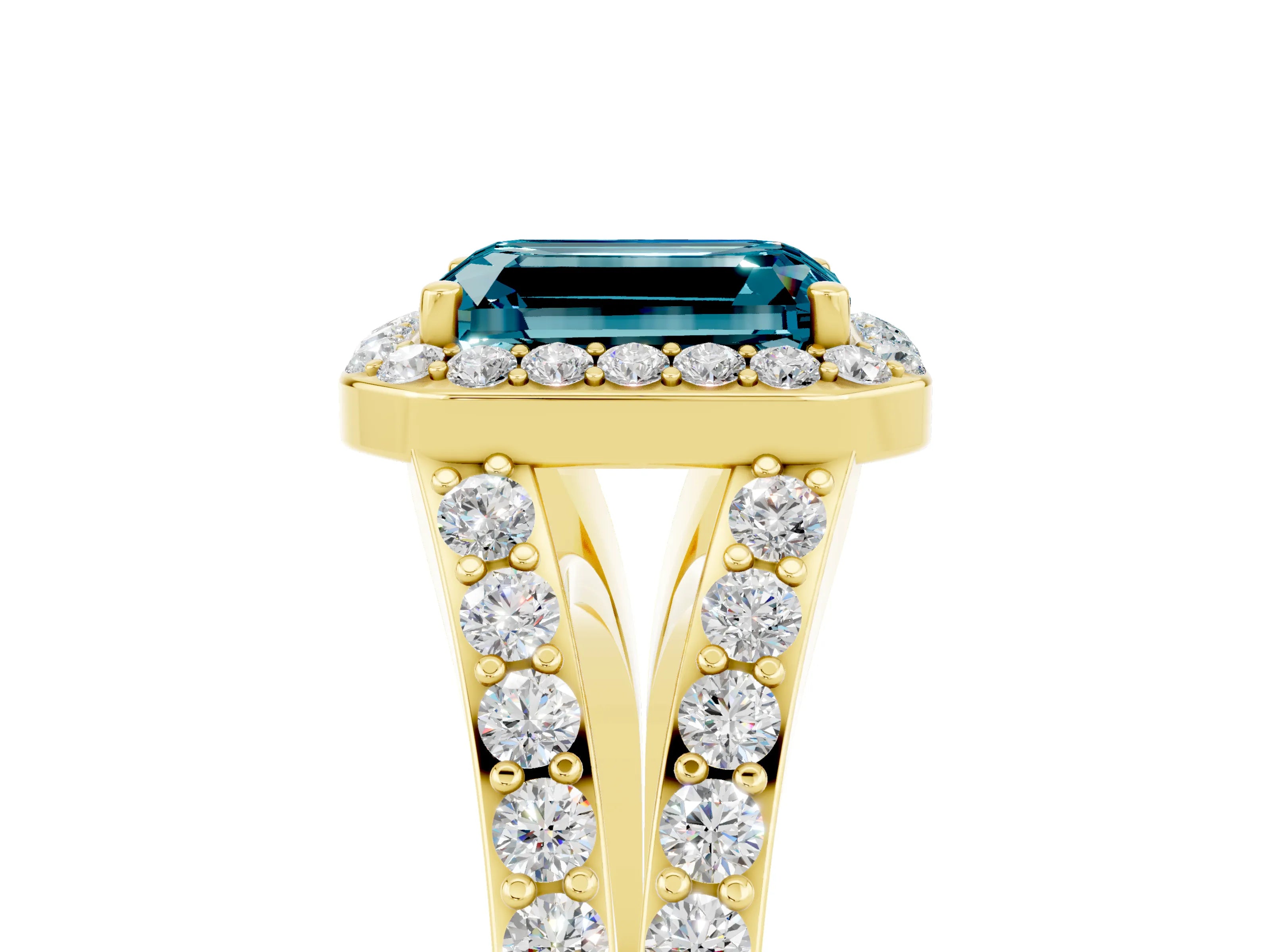 Yellow gold Emerald Cut Blue Topaz Split Shank Halo Ring with Four-Prong Setting_17