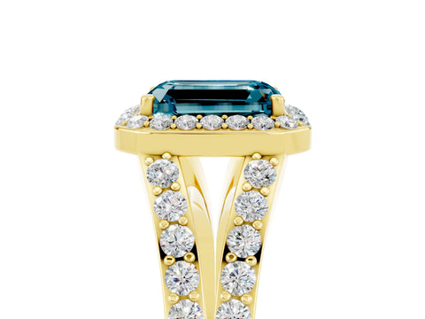 Yellow gold Emerald Cut Blue Topaz Split Shank Halo Ring with Four-Prong Setting_17