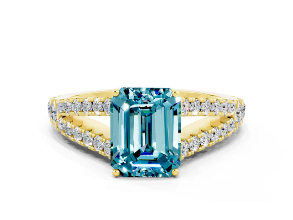 Yellow gold Emerald Cut Blue Topaz Split Shank Pavé Engagement Ring with Four-Prong Setting