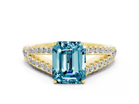 Yellow gold Emerald Cut Blue Topaz Split Shank Pavé Engagement Ring with Four-Prong Setting_12