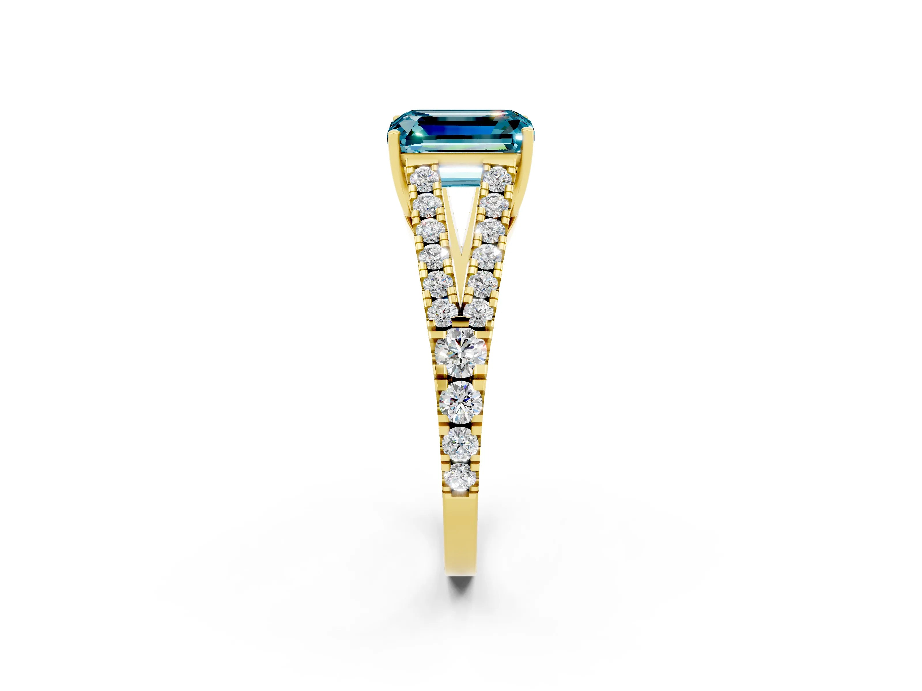 Yellow gold Emerald Cut Blue Topaz Split Shank Pavé Engagement Ring with Four-Prong Setting_14
