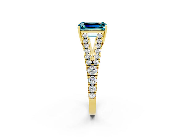 Yellow gold Emerald Cut Blue Topaz Split Shank Pavé Engagement Ring with Four-Prong Setting