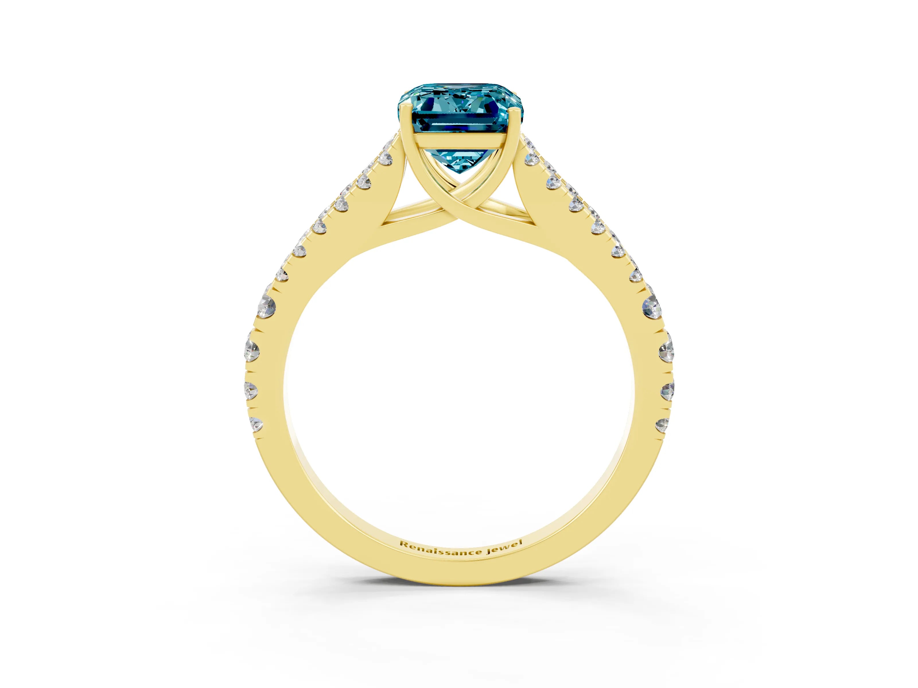 Yellow gold Emerald Cut Blue Topaz Split Shank Pavé Engagement Ring with Four-Prong Setting_15