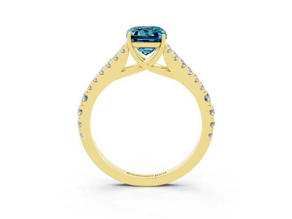Yellow gold Emerald Cut Blue Topaz Split Shank Pavé Engagement Ring with Four-Prong Setting